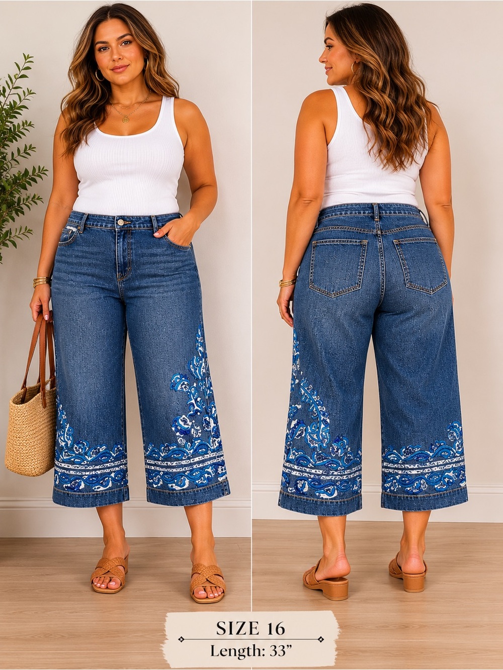 Chico’s 2 Design Embroidered Wide Leg Capri Cropped Jeans Whimsical US 12/14